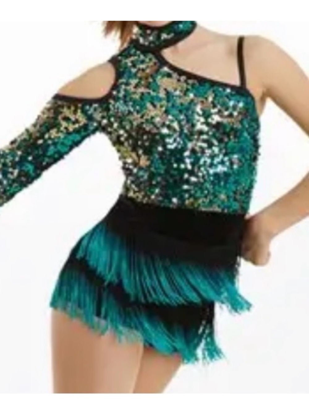 Weissman Teal, Black and Gold Sequin Fringe Dance Costume Size SA (4-6)